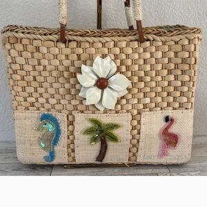 Woven Straw Tote Bag with Tropical Accents